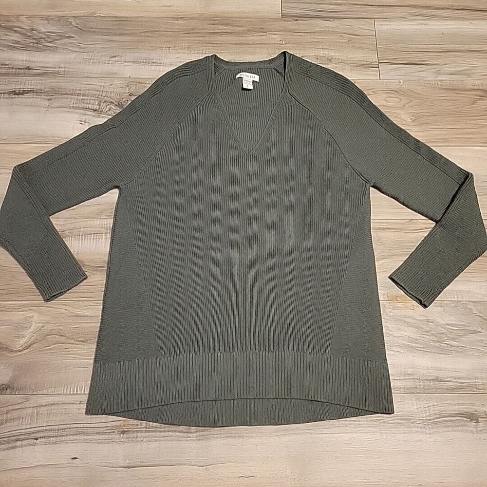 Athleta Hanover‎ Sweater Womens S/P Wool Blend V-Neck Gray Tight Knit Ribbed